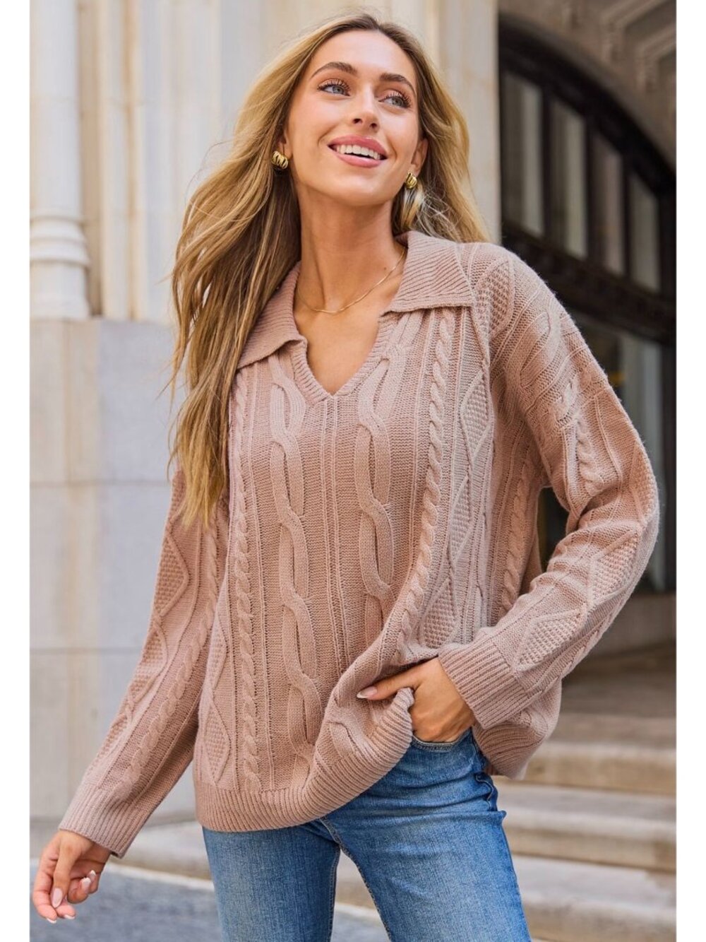 NWT Cupshe Rose Sand Collared Long Sleeve Cable Knit Jumper - Size: Extra Large - Picture 8 of 10